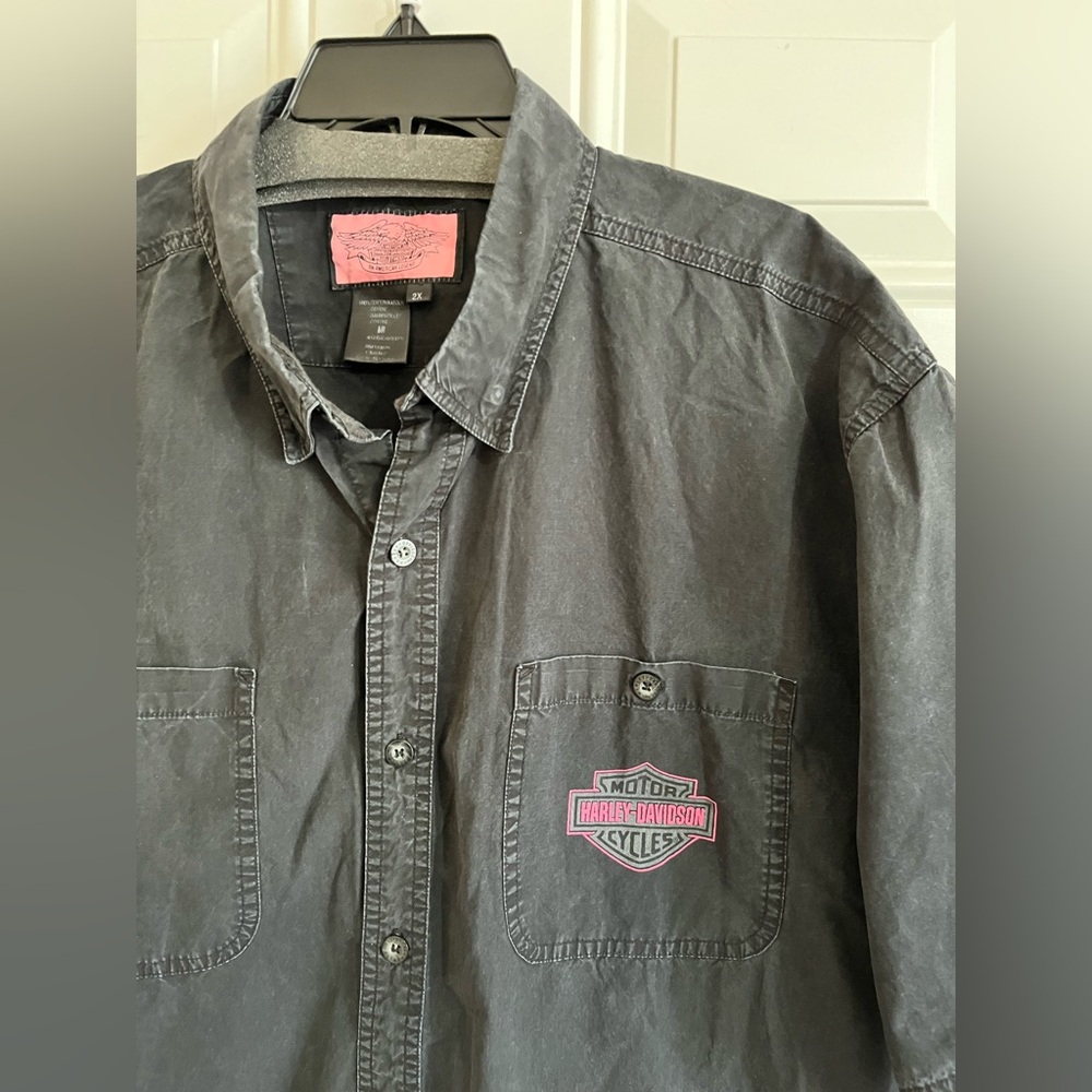 VTG Harley-Davidson Shirt Men’s 2X Dress Black Pink Logo Work Button Down Biker - Picture 4 of 10